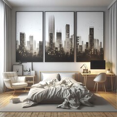 A bed in bedroom style interior set design there is an poster empty white and combine with and A chair and poster mockup and a desk engaging engaging.