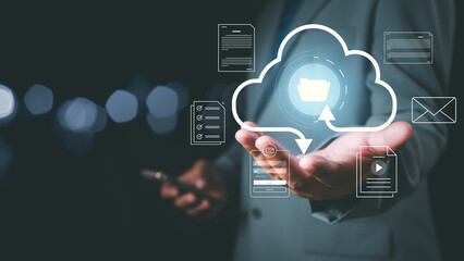 Businessman holding virtual cloud computing for online document management, Innovation technology, Knowledge, Searching for new idea to development digital document system, digital file storage, DMS.