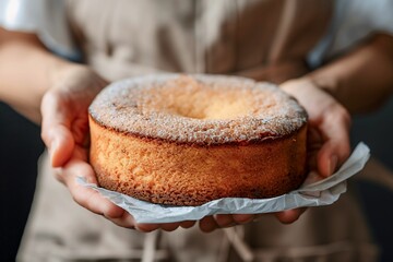Close-up of a person holding a freshly baked bundt cake, dusted with powdered sugar, showcasing homemade baking and warmth.