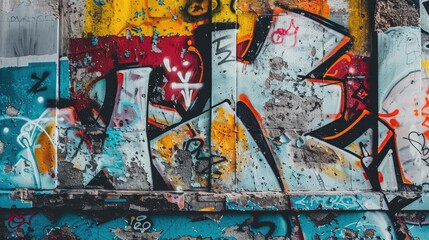 Fototapeta premium Photograph of a concrete wall adorned with intricate graffiti art, showcasing vibrant colors and bold designs