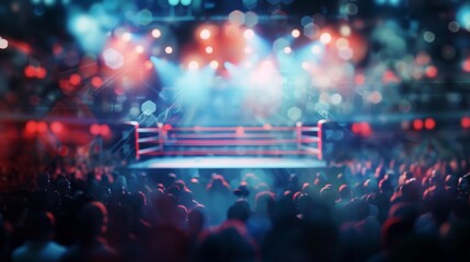 A boxing ring stands illuminated under bright lights in a packed arena, anticipation building as the crowd waits for the main event