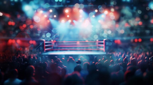 A boxing ring stands illuminated under bright lights in a packed arena, anticipation building as the crowd waits for the main event