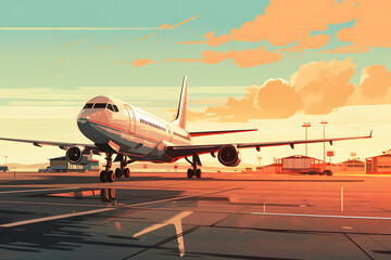 Obraz premium vintage style illusstrated airport during sunset, airport, airtraffic, airplanes