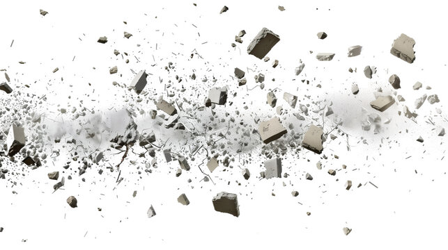 An image of concrete debris exploding in mid-air against a white background