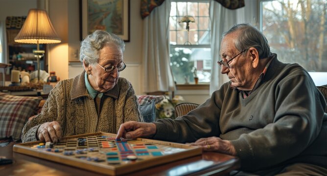 Elderly couple strategizing over a game of Scrabble in their living room - Powered by Adobe