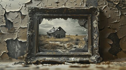 Photograph of a cracked and chipped picture frame with a transparent background, holding a grainy photo of an abandoned house.