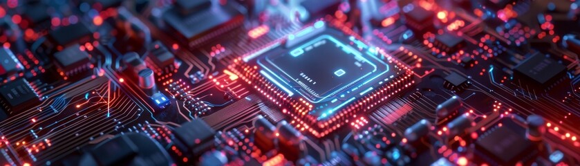 Close-up of a futuristic computer chip on a motherboard with glowing neon lights, showcasing advanced technology and connectivity.