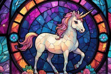 Portrait of a cute adorable unicorn animal with a colorful stained glass decoration texture design, fantasy artwork. 	
