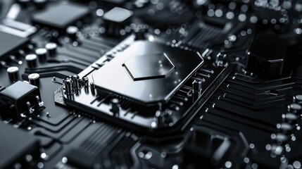 Fototapeta premium Close-up of a modern computer motherboard with focus on the central processing unit, highlighting the intricate details of the circuitry.