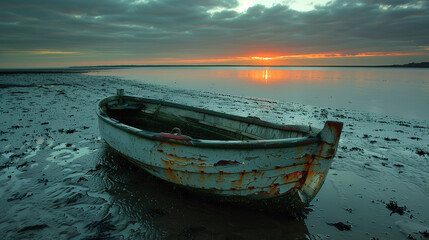 Obraz premium An old, weathered rowboat rests on a muddy shore during a dramatic sunset. The sky is filled with dark clouds, and the sun is partially visible on the horizon, casting a warm glow over the calm water.