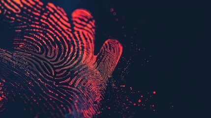 Obraz premium Close-up of a vibrant, abstract fingerprint pattern glowing in red and purple hues against a dark background, representing biometric technology.