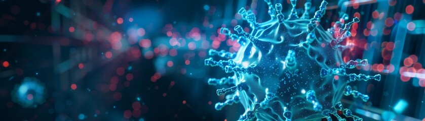 Obraz premium Close-up of a virus particle with a blue and red color scheme, showcasing its intricate structure in a digital rendering.