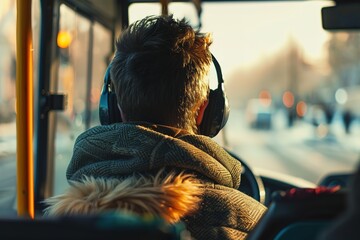 Obraz premium A passenger listens to music on the bus during a sunny commute.