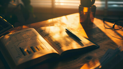 Close-up of a book with a financial market chart on a wooden table in the sunset light. Education...