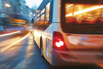 Blurred city scene with a moving bus at dusk.