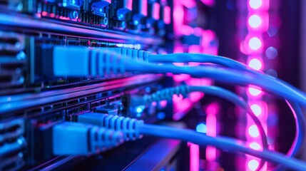 Naklejka premium Close-up of network cables plugged into a server rack, illuminated by pink and blue lights, showcasing modern data center technology.
