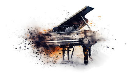 A black grand piano with its lid open explodes in a burst of color and sound, leaving a trail of debris and a sense of musical energy