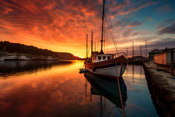 Fototapeta premium harbor during sunset, sships in a harbor during sunset, golden hour