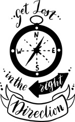 Camping lettering, adventure quote for print, card, t-shirt, mug, template, web design. Vector doodle illustration Get lost in the right direction 