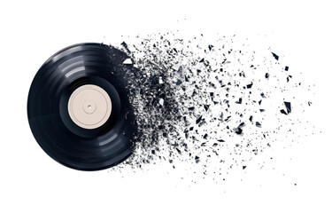 A vinyl record isolated on a white background, with the record disintegrating into fragments, showing the progression of decay