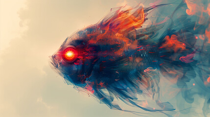 A digital artwork of a fish with vibrant, abstract colors and a glowing eye.