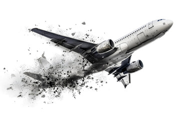 A silver passenger airplane is seen taking off from a runway, leaving a dramatic trail of smoke and debris in its wake