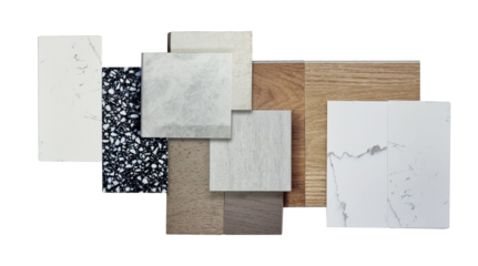 material samples for interior design contains stone ceramic tile, white marble quartz, wooden laminated floorings, vinyl flooring tiles, black terrazzo isolated on background with clipping path.