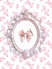 Gentle romantic girly coquette style poster. A bow in a vintage frame on a background of a floral...