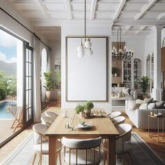 A dining table and chairs in A room style interior set design with a pool and a large window unique creative.