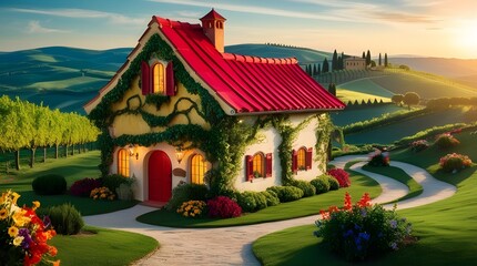 Fototapeta premium A whimsical, dreamlike house on a gentle, emerald-green hill with a rustic, terracotta-red roof, nestled within a breathtakingly beautiful landscape, where sunlight filters through lush Generative AI