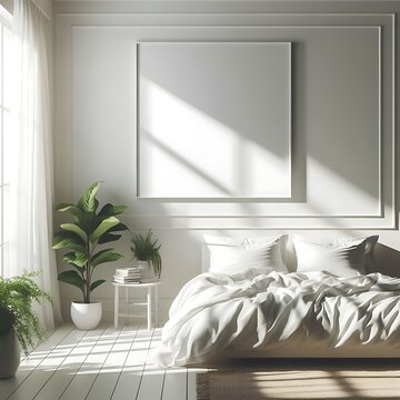 A white bedroom have mockup poster empty white with A bed in bedroom and a plant creative informative.