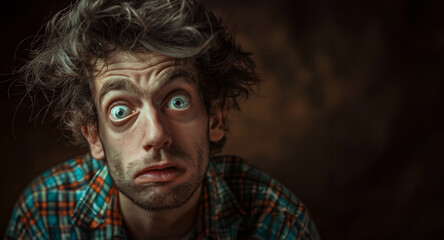 A man with messy hair and a beard is looking at the camera with a surprised expression. The image has a humorous and lighthearted mood, as the man's appearance