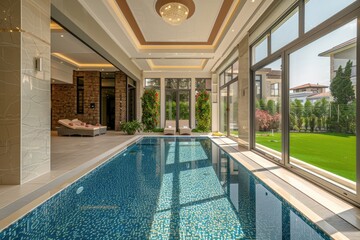 Obraz premium A large pool with a glass wall and a white ceiling. The pool is surrounded by a lush green lawn