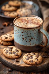 A mug of coffee with steam rising, sitting beside chocolate chip cookies on a rustic wooden board