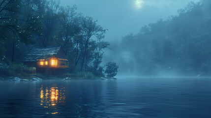 Obraz premium A serene lakeside cabin illuminated at night with a misty forest in the background. The calm water reflects the warm light from the cabin, creating a peaceful and tranquil atmosphere.