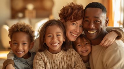 Obraz premium A joyful interracial family hugging and smiling for a photo.