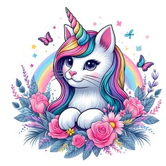 A cat design drawing graphic with a unicorn horn and flowers eyecatching relevant vector.