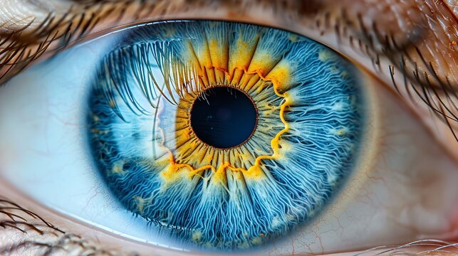 A close-up of a blue eye with a yellow iris