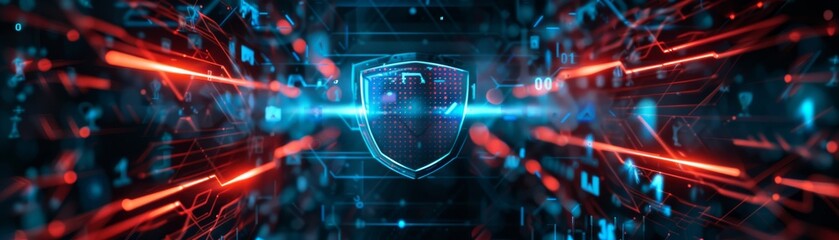 Fototapeta premium Digital shield protecting data network from cyber threats, signifying cybersecurity, data protection, and modern technology