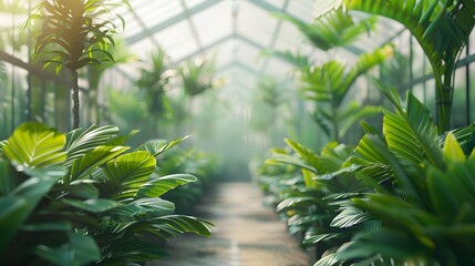 Exotic green plants blooming in a greenhouse with a sloping glass roof. Selective focus.