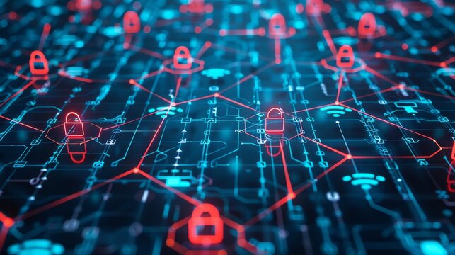 Dynamic digital cybersecurity network background with red padlock icons representing data protection and information security on a blue grid.