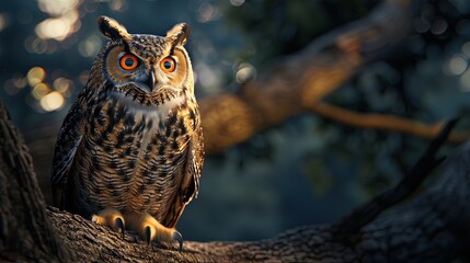 Obraz premium Majestic owl perched on a tree branch with a blurred forest background, illuminated by natural light, showcasing its striking features.