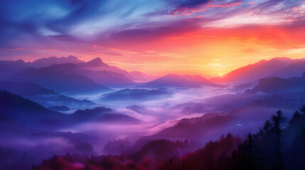 Obraz premium A serene mountain landscape at sunrise, with mist rolling through the valleys and vibrant colors painting the sky