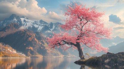 A cherry blossom tree on riverside with mountain and sky background view, sakura tree