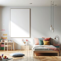 A bed in bedroom style interior set design have mockup poster empty white with and a table unique informative.