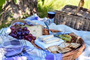An inviting picnic setup with cheese, crackers, grapes, and a glass of red wine on a blanket in a sunny outdoor setting.