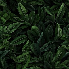 Seamless pattern features an array of green leaves set against a dark background.