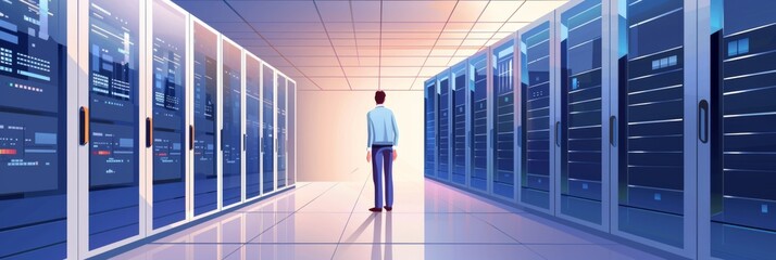 System administrator day, network administrator in server room. Back view. Horizontal banner. Network Technologies Concept