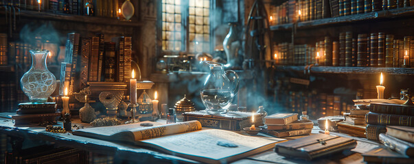 A wizard's study, filled with potions, scrolls, and magical artifacts, illuminated by the soft glow of candles.