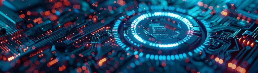 Futuristic digital circuit board with glowing blue and red lights, representing advanced technology and innovation in electronics.